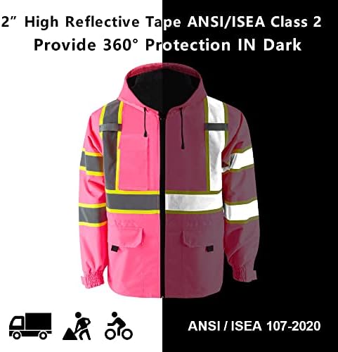 Дебел Ветрозащитный дъждобран SMASYS Hi-Elbi, Розово Сако, яке за сигурност и видимост с руното облицовка, Строителна Топло работни облекла
