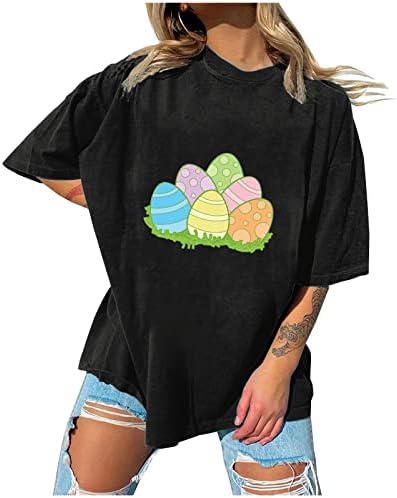 Негабаритная Великден Риза Жените С Красиви Яйца Графични Тениски С кръгло деколте И Занижени Рамото Топ С Къс Ръкав, Забавни Дрехи За