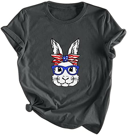 Великден Тениска с Принтом Забавни Очила във формата на Зайче за Жени, Свободни от Ежедневните Празнични Ризи с Кръгло Деколте и Къс