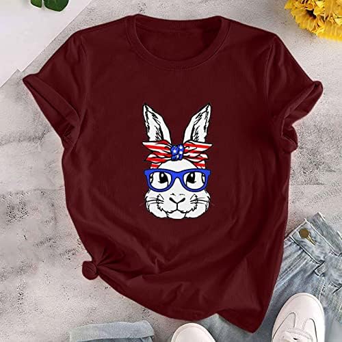 Великден Тениска с Принтом Забавни Очила във формата на Зайче за Жени, Свободни от Ежедневните Празнични Ризи с Кръгло Деколте и Къс