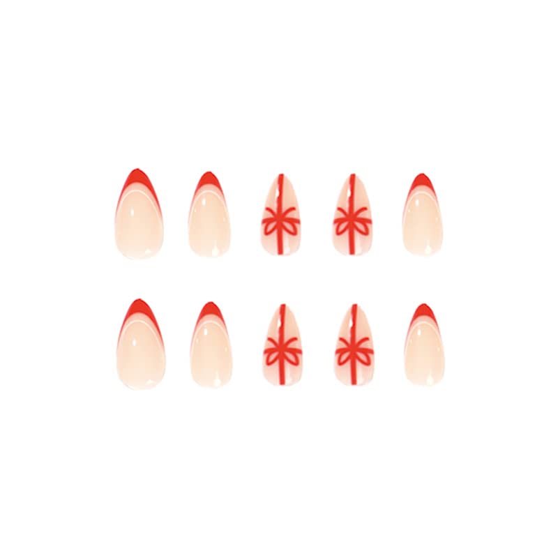 Коледна печат на ноктите, отгоре ноктите миндально-червен цвят, акрилни режийни нокти, лъскава стикер за нокти за жени