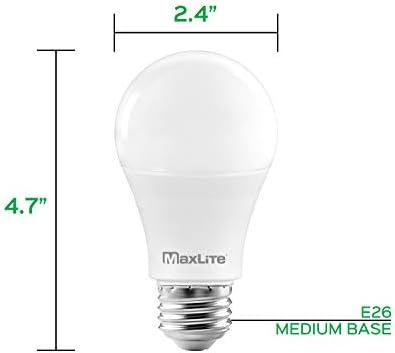 Led лампа MaxLite A19, предназначена за закрит лампа, еквивалент на 75 W, 1100 лумена, с регулируема яркост, Средна база E26, мек бял цвят 2700 К, 4 референтна рамка (4 опаковки) ...