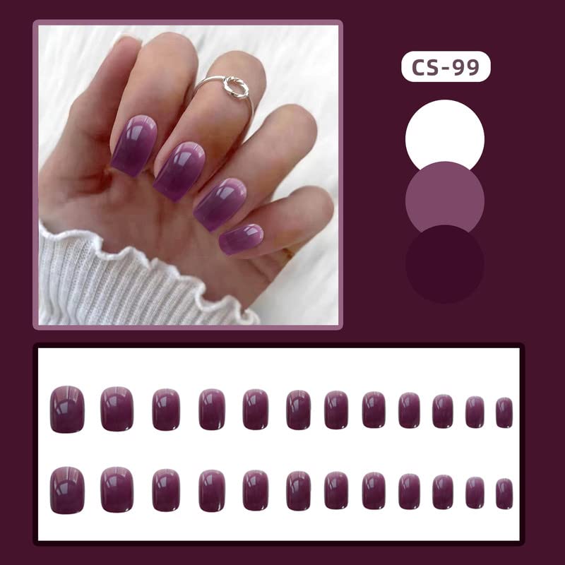EALGA Тъмно лилаво маникюр за жени, Къса Квадратна лилаво наклеечка на ноктите, Набор от акрилна режийни нокти, 12 размери, 24 предмет