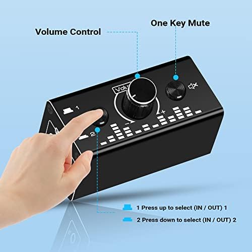 Аудиопереключатель Двупосочни, кутия за избор на аудиопереключателя avedio links с 2 порта, 3.5 мм Aux, 2-лентов скоростна обмен на аудиосигналами, регулиране на силата на зв