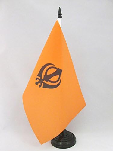 Флаг на АЗЕРБАЙДЖАН Тенис на Флаг на Сикхизма 5 x 8 - Тенис на Флаг на Религията на Сикхите 21 х 14 см - Черна Пластмасова Пръчка и Основата