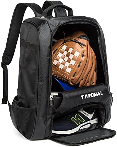 Бейзболна чанта TYRONAL - Бейзболен раница с отделение за обувки за възрастни, чанти за бейзбол голям капацитет, които могат да се настанят 4 бита, каска, ръкавици и обув