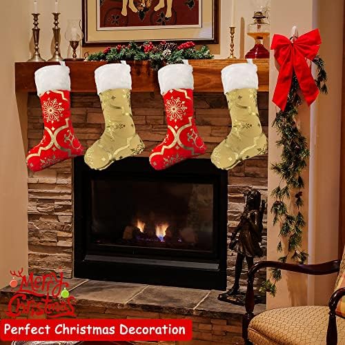 Златни и Червени Коледни Чорапи WUJOMZ, 4 опаковки, Големи Персонални Коледни Чорапи на Едро за Семейни Коледна Украса, на Коледен Герой,