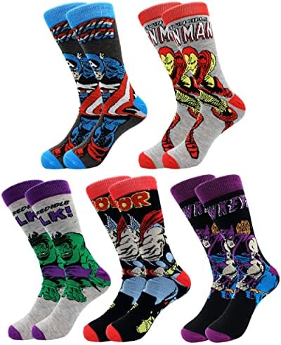 Чорапи PoiLee Мъжки Novelty Crew Socks, 5 Опаковки, Забавни Чорапи с Шарени Луд Стръмен Супергерой, Размер 10-13